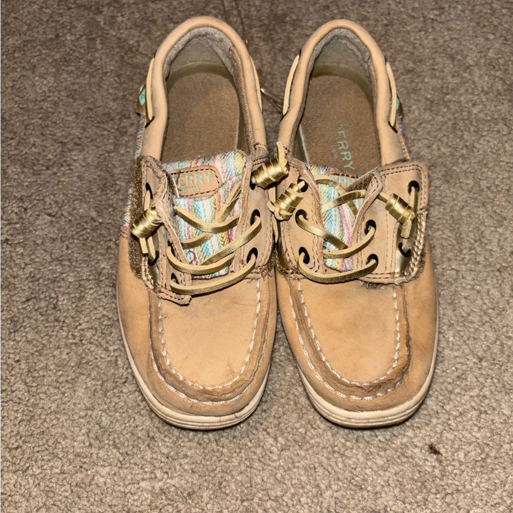 Girls Sperry Tan Moccasins with Rawhide Laces and Rubber Sole